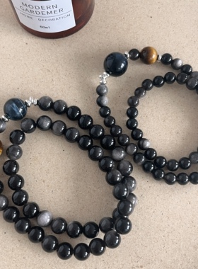 天然黑曜石虎眼石双层叠戴手串男女款新中式小众设计招财转运手链