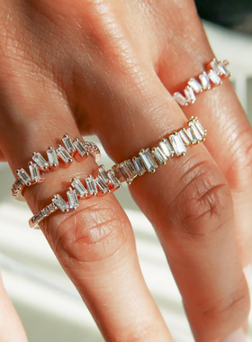 INS锆石戒指 简约气质欧美小众品牌黑白镶钻碎冰开口可调节食指戒