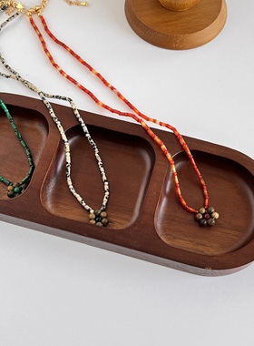 沉香小花串珠项链天然孔雀石红玛瑙法式复古小众设计高级感锁骨链