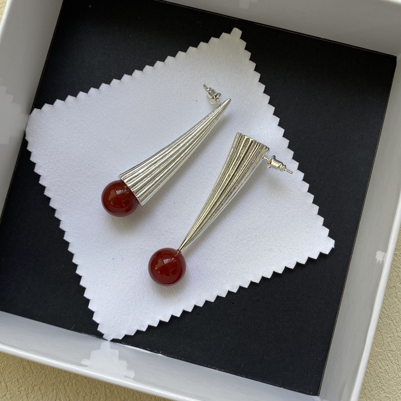 欧美时尚气质红玛瑙螺旋扇贝形耳环女复古冷淡风925银针长款耳钉