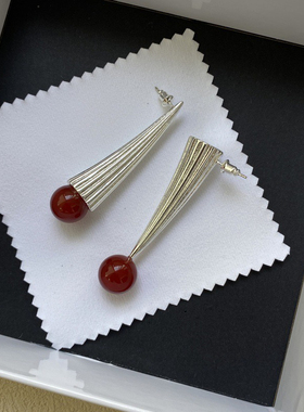 欧美时尚气质红玛瑙螺旋扇贝形耳环女复古冷淡风925银针长款耳钉