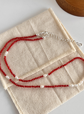 SOFT夏新品天然珍珠串珠项链红尖晶锁骨链choker复古配饰小众设计