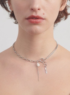 Justine项链 潮牌设计师金银双色撞色镶钻金属拼接珍珠锁骨链小众