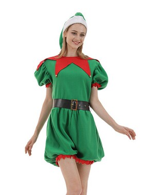 圣诞老人圣诞精灵绿色绒布女裙裤帽子套装Christmas Elf costumes