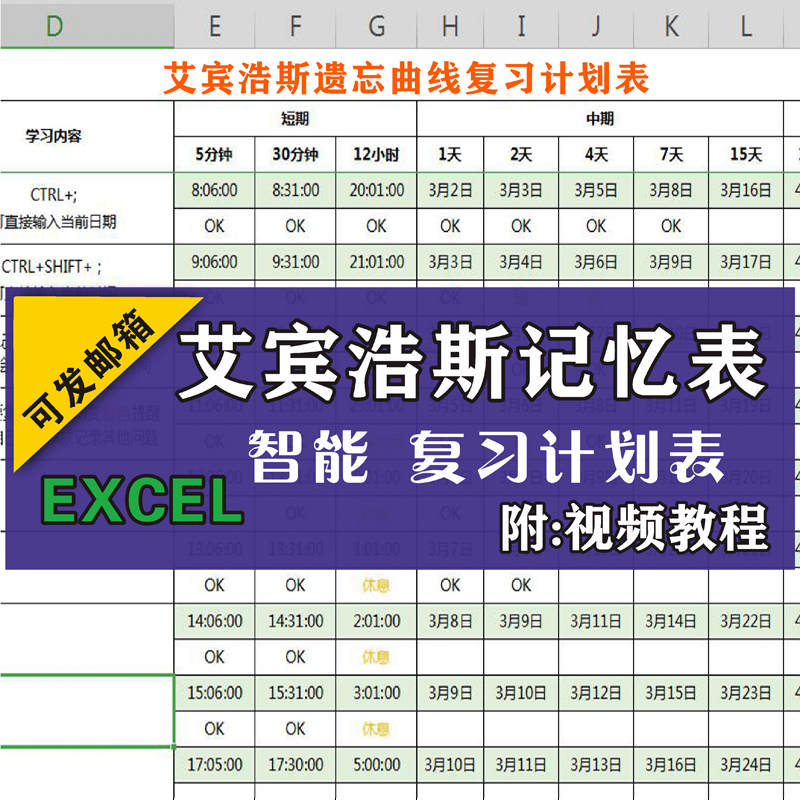 艾宾浩斯遗忘曲线强化记忆法有效复习计划表格学生记录智能Excel