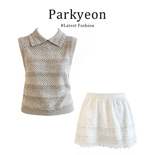parkyeon夏日穿搭翻领针织马甲背心上衣高腰蕾丝花边半身裙套装