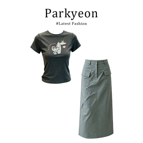 parkyeon夏日ootd穿搭一整套正肩短袖T恤上衣高腰绿色直筒半身裙