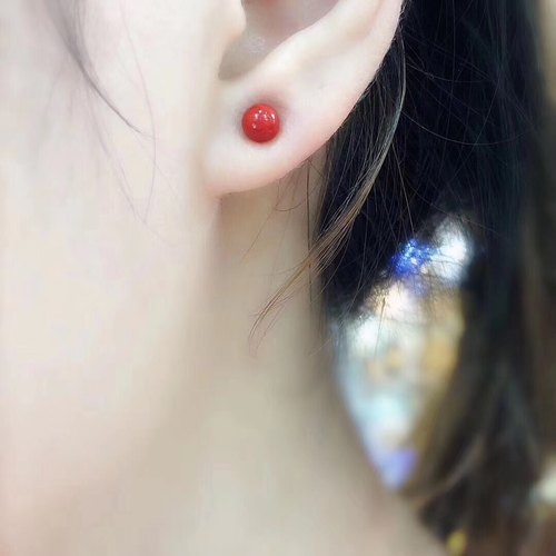 纯银红豆红色圆珠耳钉女款耳环2023年新款潮耳饰