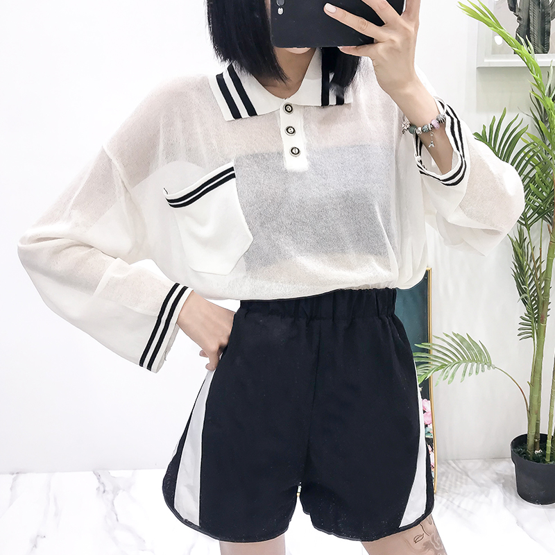 休闲套装女夏2018新款学生微透薄针织衫上衣+撞色松紧腰运动短裤