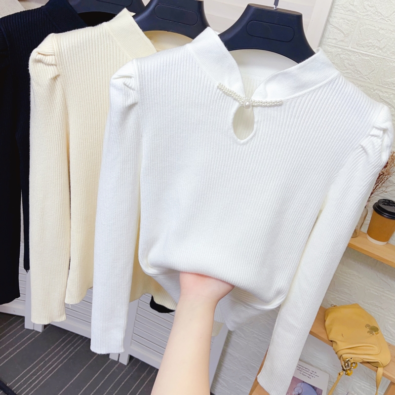 中国风旗袍领盘扣针织打底衫女秋冬新款修身显瘦内搭黑色毛衣上衣