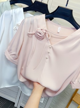 夏季镶钻花朵短袖套头雪纺衫女