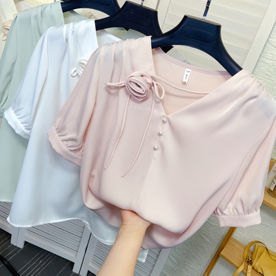 夏季镶钻花朵短袖套头雪纺衫女