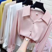 醋酸缎面打底衬衣雪纺上衣 宽松气质长袖 翻V领真丝洋气衬衫 女春季