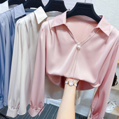 职业装 宽松长袖 打底醋酸缎面衬衣OL上衣 女秋季 翻V领真丝套头衬衫