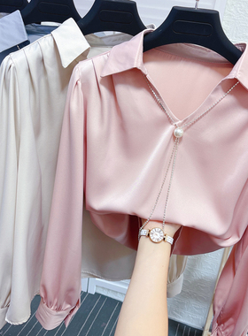 翻V领真丝套头衬衫女秋季宽松长袖职业装打底醋酸缎面衬衣OL上衣