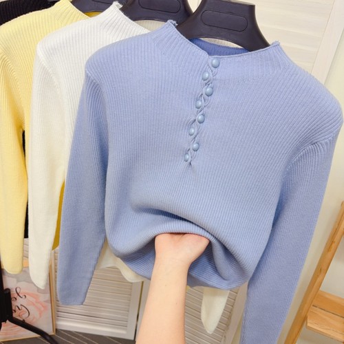 纽扣半高领针织打底衫百搭长袖上衣女装秋冬新款修身显瘦内搭毛衣