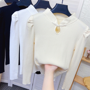 中国风旗袍领盘扣针织打底衫女秋冬新款修身显瘦内搭黑色毛衣上衣