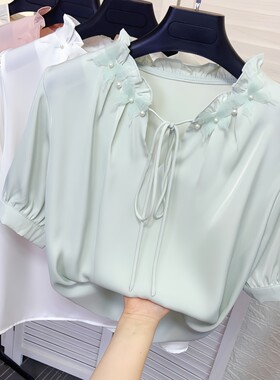 钉珠木耳花边短袖套头雪纺衫女