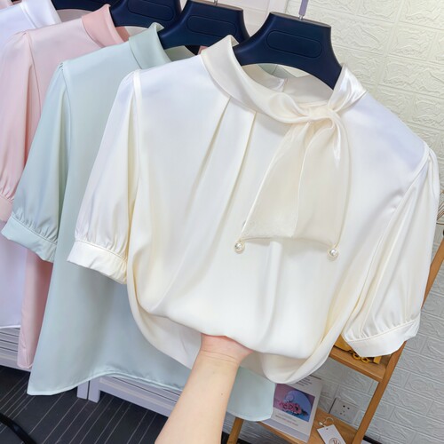 丝巾蝴蝶结短袖醋酸缎面衬衫女夏季新款气质宽松白套头雪纺衫上衣 - 封面