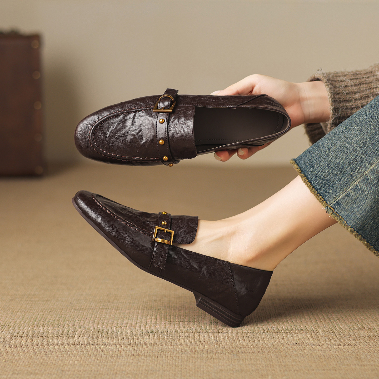 头层羊皮复古英伦风真皮乐福鞋女圆头金属扣一脚蹬通勤软底豆豆鞋,女鞋,乐福鞋（豆豆鞋）,淘宝优惠券,粉丝福利购,淘宝优惠卷