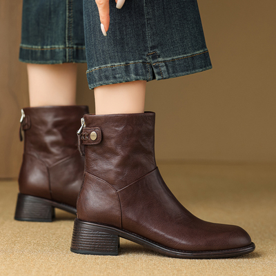 复古羊皮英伦风真皮粗跟短靴女
