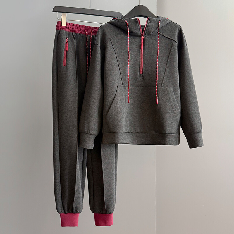 女秋冬新款韩版时尚减龄套装简约抽绳连帽灰色卫衣阔腿长裤两件套