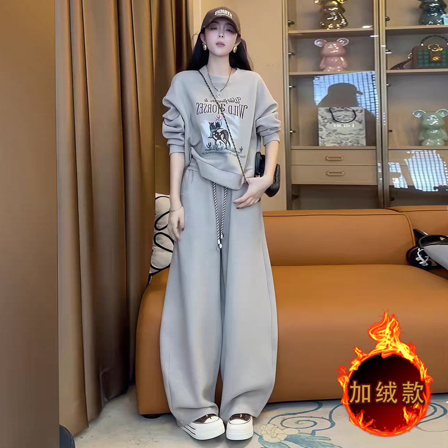 时尚休闲套装女秋冬新款宽松洋气减龄圆领印花卫衣阔腿长裤两件套