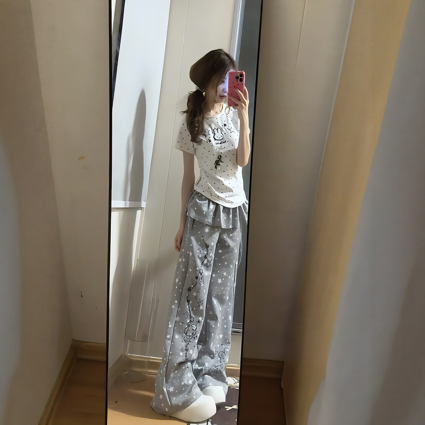 韩系甜妹休闲运动套装女夏季波点短袖T恤阔腿长裤可爱减龄两件套