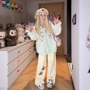 两件套 卫衣外套阔腿裤 可爱俏皮休闲运动服套装 女秋冬蕾丝卡通开衫