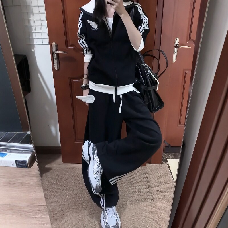 美式高街休闲运动服套装女秋冬三条杠开衫卫衣卫裤学生减龄两件套