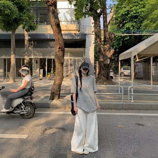 高腰阔腿裤 美式 宽松字母印花短袖 女夏季 两件套 复古休闲运动服套装