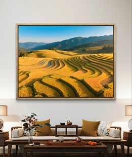 五谷丰登吉祥装饰画金稻梯田风景五行喜土金餐厅饭店商铺风水挂画