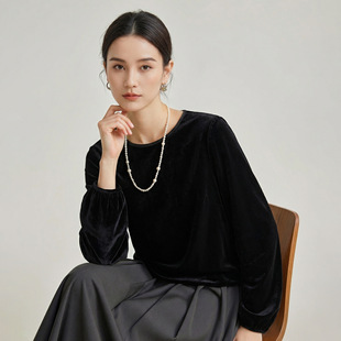 2026春季真丝丝绒衬衫女新款复古灯笼袖桑蚕丝上衣通勤长袖打底衫