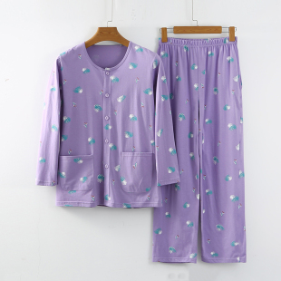 圆领睡衣套装 女春夏薄款 妈妈对襟睡衣 家居服套装 中老年人纯棉长袖