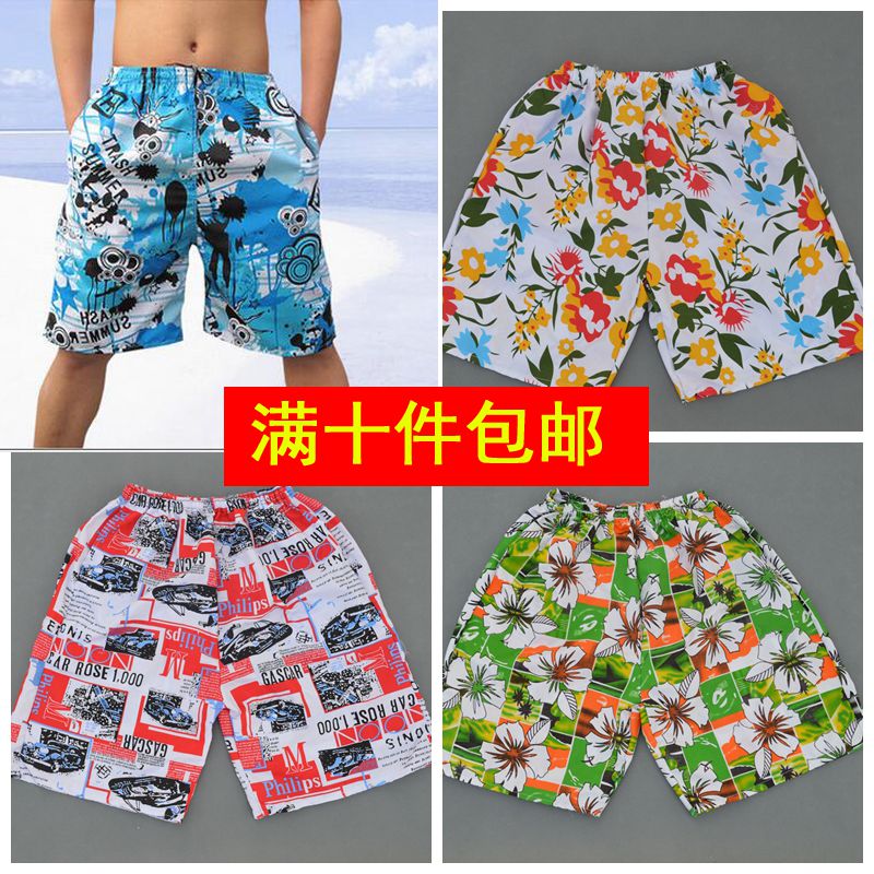 东北大花布沙滩裤男士五分裤宽松马裤男裤夏天大裤衩跑步运动裤