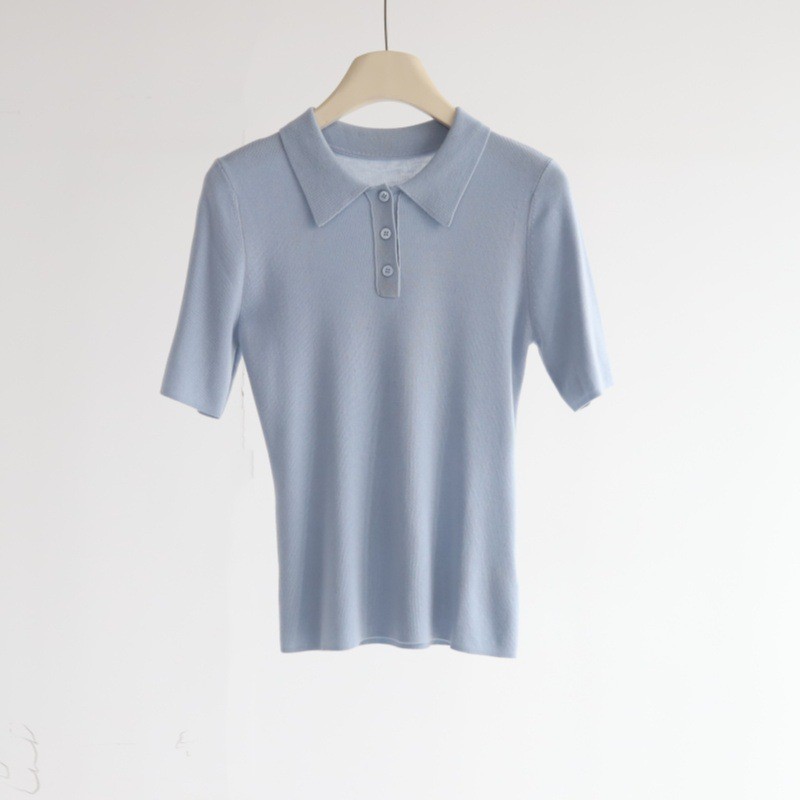 秋季超漂亮羊毛Polo领短袖针织衫