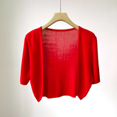 配吊带裙扣扣小披肩五分外搭空调衫 夏季 红色短袖 开衫 新品 天丝薄款