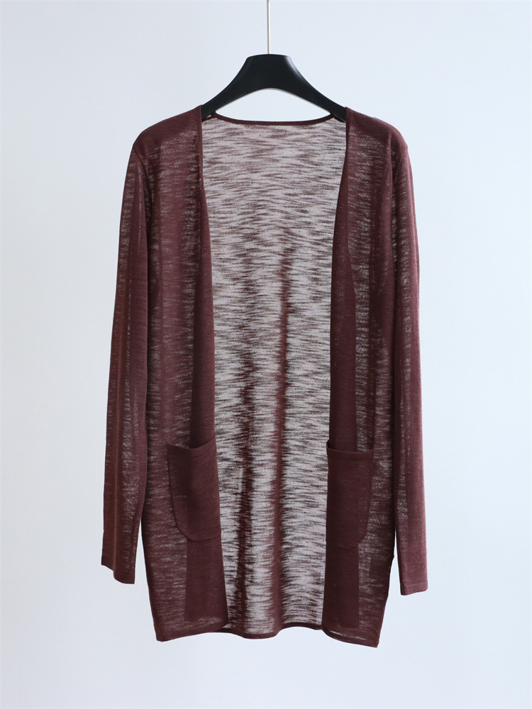 外贸原单韩国进口亚麻超薄无扣开衫女中长款口袋薄宽松外套慵懒风