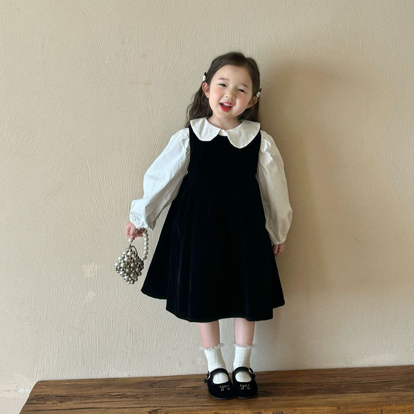 春秋童装韩版童装裙子女童公主风丝绒背心裙蓬蓬裙白色娃娃领衬衫