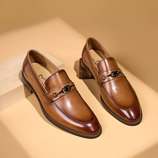 名人烟斗头层牛皮春季商务休闲一脚蹬男鞋真皮乐福鞋男士欧版皮鞋