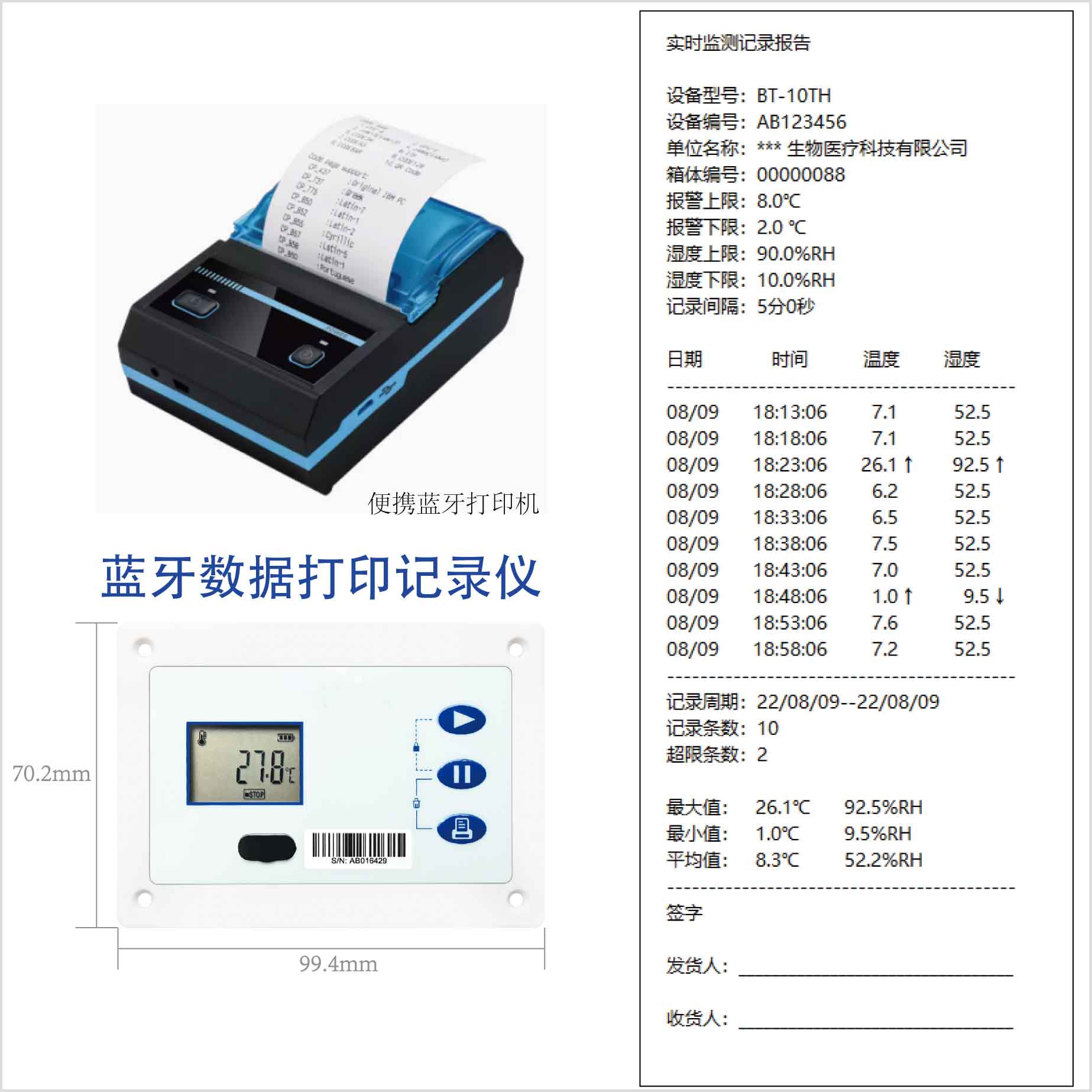 冷链冷库冷藏箱车无线蓝牙温度记录仪打印锂电液氮干冰超低温湿度