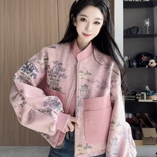 欧港妮2025春新款 绵羊皮拼接印花夹克外套宽松潮品 真皮皮衣女短款