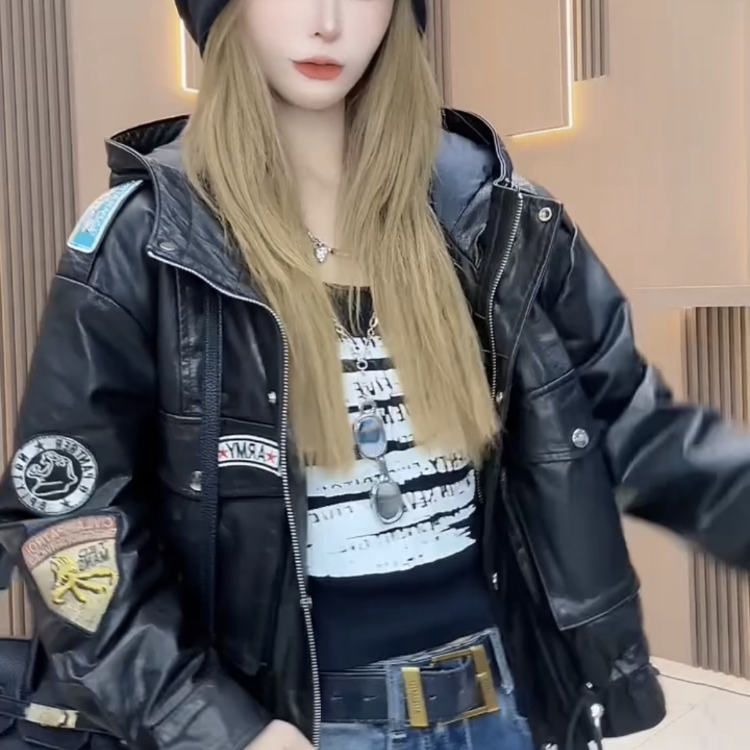 欧港妮短款真皮羽绒服外套