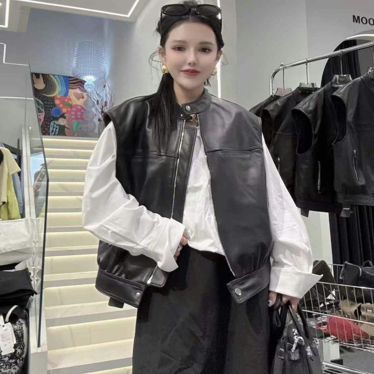 欧货宽松廓形真皮马甲女2025春新款绵羊皮无袖背心圆领马夹外套潮