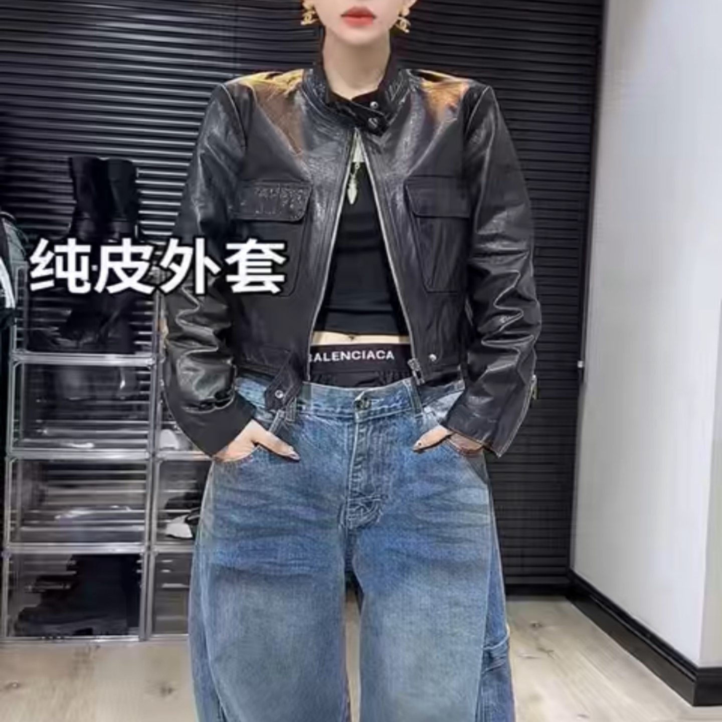 2025秋季新款真皮皮衣女短款立领口袋油蜡皮夹克外套绵羊皮休闲潮