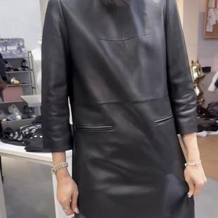 小然同款真皮皮裙女中长款圆领绵羊皮修身连衣裙中袖显瘦皮裙气质