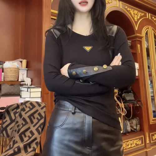 欧港妮短款真皮拼纱打底衫