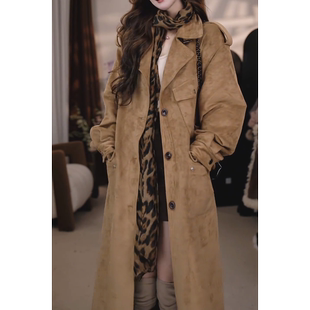 翻领系带风衣大衣宽松潮时尚 麂皮绒外套女中长款 百搭 新款 2025秋季