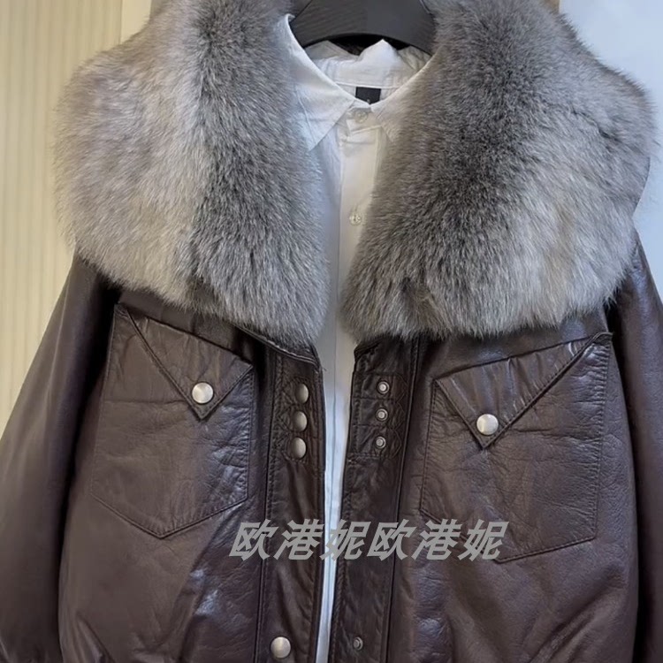 欧港妮短款真皮羽绒服狐狸毛领