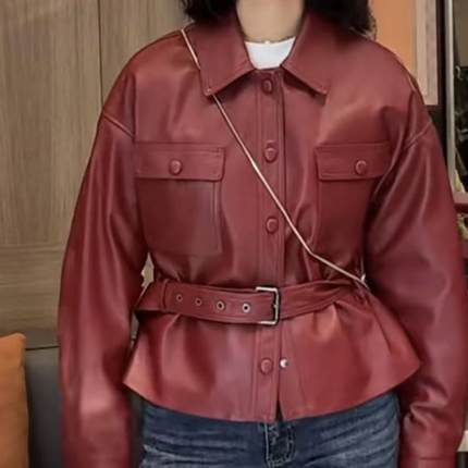 2025春新款小然同款真皮皮衣女短款翻领腰带绵羊皮修身皮夹克外套